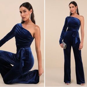 LULU's Wedding Sexy Elegant Classy Chic One Shoulder Long Sleeve Velvet Jumpsuit